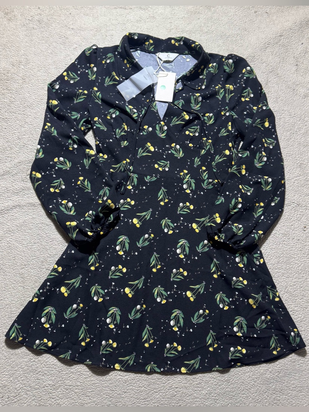 Commense Dress Womens Medium Open Collar V Neck Dandelion Graphic A Line NEW